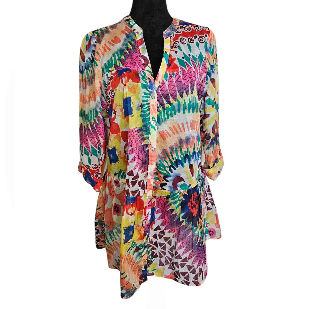 Ivy Jane Art-to-Wear Colorful Button-down Lightweight Tunic Dress Size M